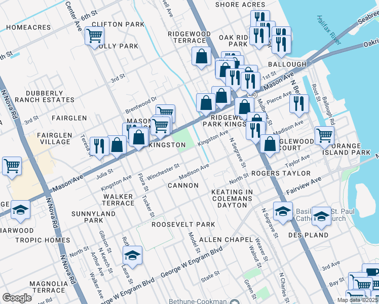 map of restaurants, bars, coffee shops, grocery stores, and more near 613 Kingston Avenue in Daytona Beach