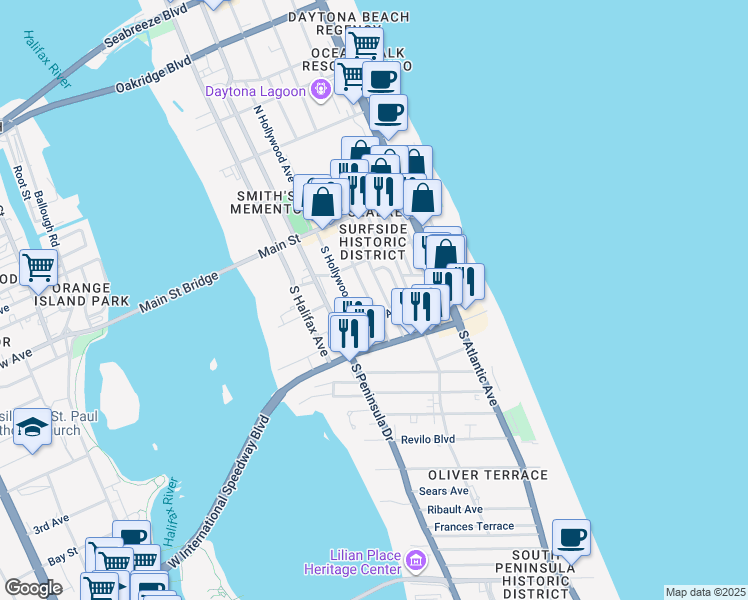 map of restaurants, bars, coffee shops, grocery stores, and more near 136 South Wild Olive Avenue in Daytona Beach