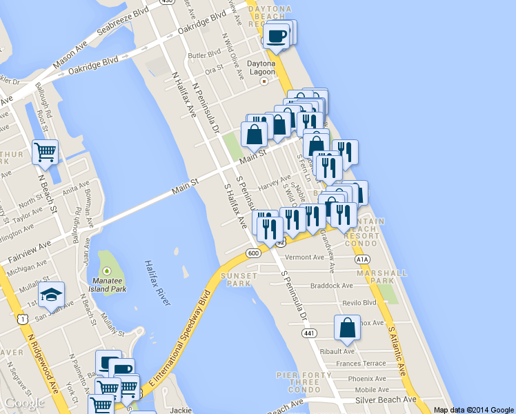 map of restaurants, bars, coffee shops, grocery stores, and more near 125 South Hollywood Avenue in Daytona Beach