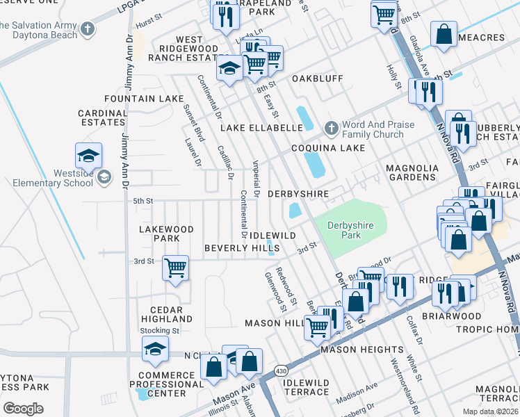 map of restaurants, bars, coffee shops, grocery stores, and more near 1057 Berkshire Road in Daytona Beach