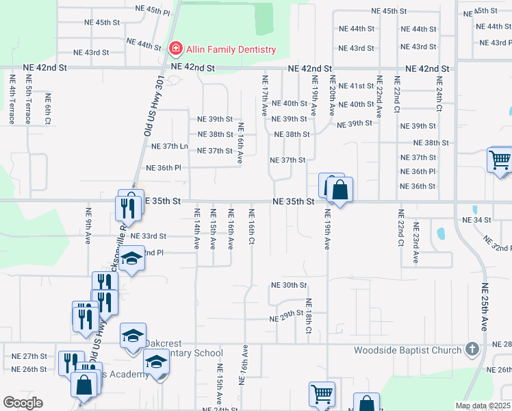 map of restaurants, bars, coffee shops, grocery stores, and more near 3421 Northeast 16th Court in Ocala