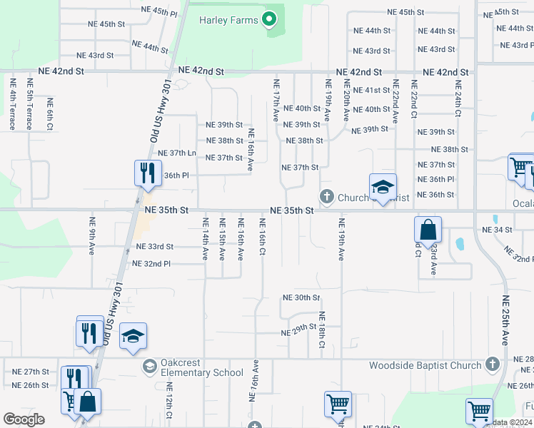 map of restaurants, bars, coffee shops, grocery stores, and more near 3421 Northeast 16th Court in Ocala