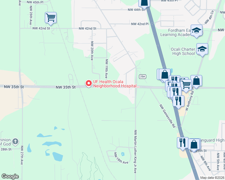 map of restaurants, bars, coffee shops, grocery stores, and more near 1722 Northwest 35th Street in Ocala