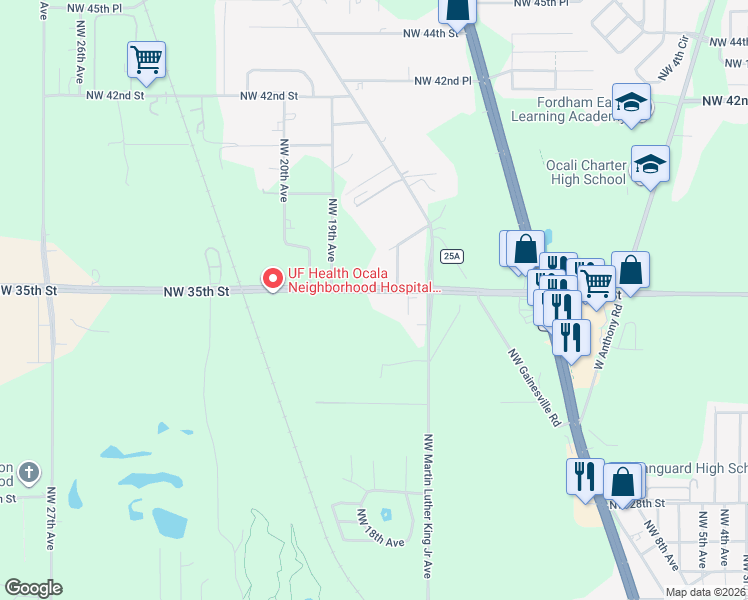 map of restaurants, bars, coffee shops, grocery stores, and more near 1722 Northwest 35th Street in Ocala