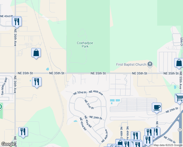 map of restaurants, bars, coffee shops, grocery stores, and more near 4801-4851 Northeast 35th Street in Silver Springs