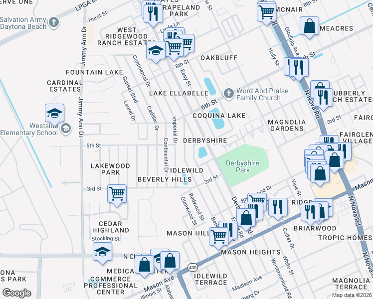 map of restaurants, bars, coffee shops, grocery stores, and more near 1057 Berkshire Road in Daytona Beach