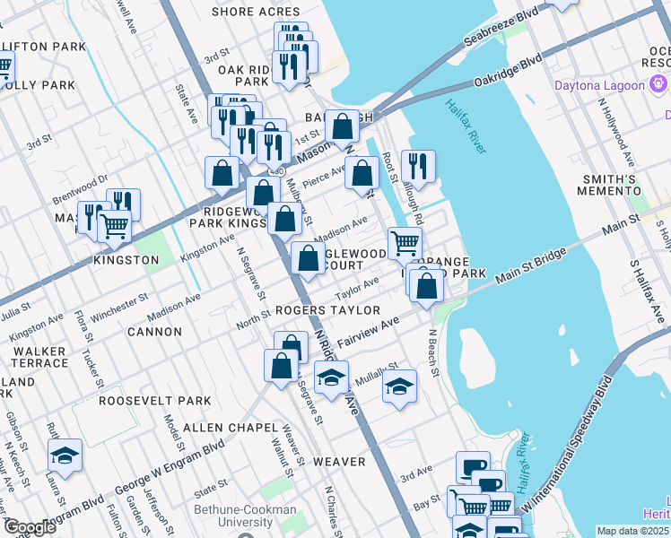 map of restaurants, bars, coffee shops, grocery stores, and more near 615 Mulberry Street in Daytona Beach
