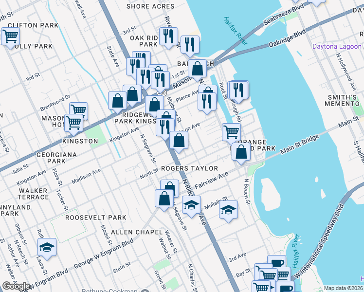 map of restaurants, bars, coffee shops, grocery stores, and more near 214 Weber Avenue in Daytona Beach