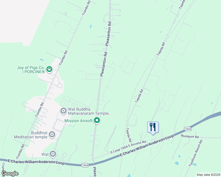 map of restaurants, bars, coffee shops, grocery stores, and more near 19910 Pleasanton Road in San Antonio