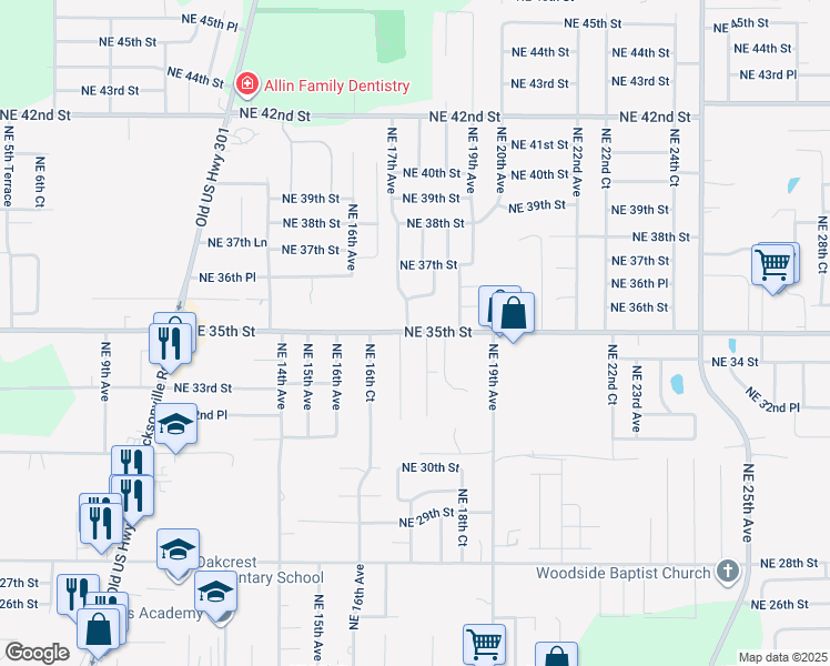 map of restaurants, bars, coffee shops, grocery stores, and more near 1702 Northeast 35th Street in Ocala