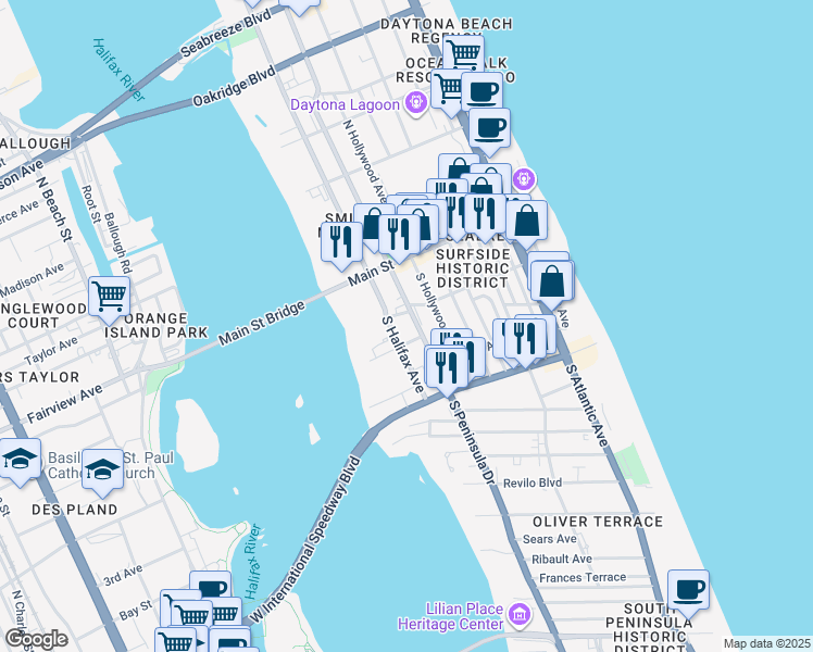 map of restaurants, bars, coffee shops, grocery stores, and more near 110 South Peninsula Drive in Daytona Beach