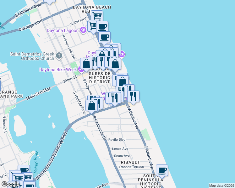 map of restaurants, bars, coffee shops, grocery stores, and more near 706 5th Avenue in Daytona Beach