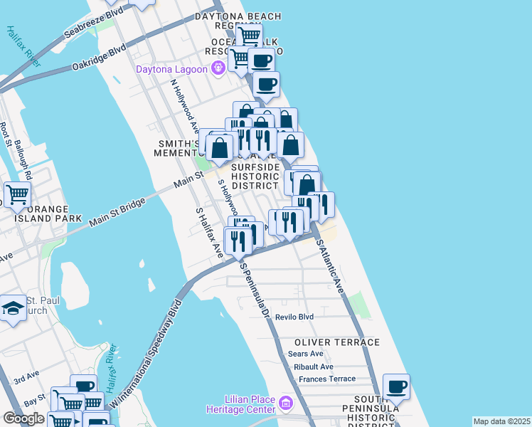 map of restaurants, bars, coffee shops, grocery stores, and more near 136 South Wild Olive Avenue in Daytona Beach