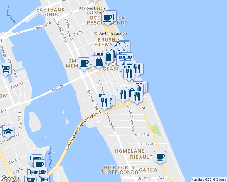map of restaurants, bars, coffee shops, grocery stores, and more near 136 South Wild Olive Avenue in Daytona Beach