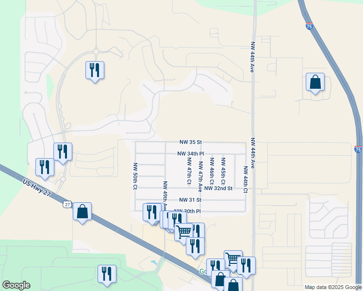 map of restaurants, bars, coffee shops, grocery stores, and more near 4806 Northwest 35 Street in Ocala