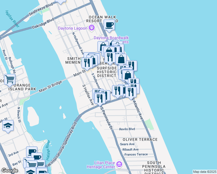 map of restaurants, bars, coffee shops, grocery stores, and more near 136 South Wild Olive Avenue in Daytona Beach