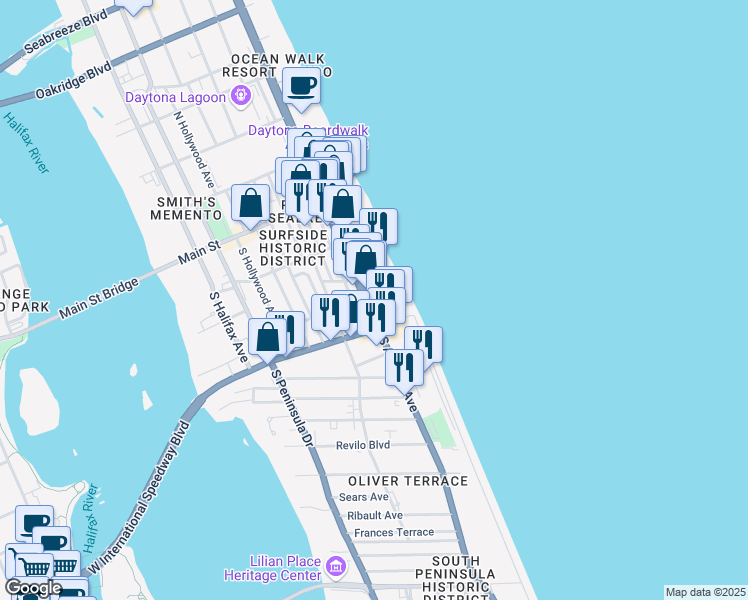 map of restaurants, bars, coffee shops, grocery stores, and more near 175 South Atlantic Avenue in Daytona Beach