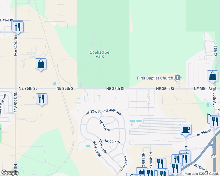 map of restaurants, bars, coffee shops, grocery stores, and more near 4801 Northeast 35th Street in Silver Springs