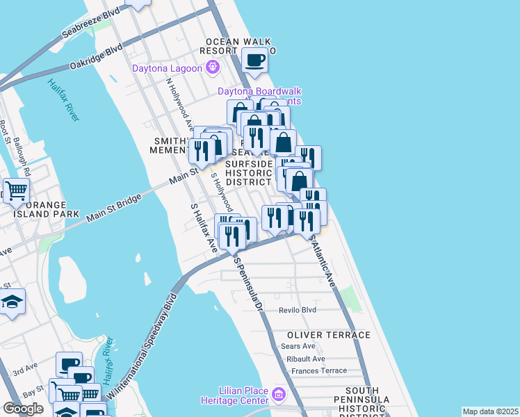 map of restaurants, bars, coffee shops, grocery stores, and more near 141 South Wild Olive Avenue in Daytona Beach