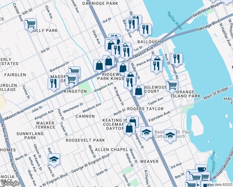 map of restaurants, bars, coffee shops, grocery stores, and more near 402 Madison Avenue in Daytona Beach
