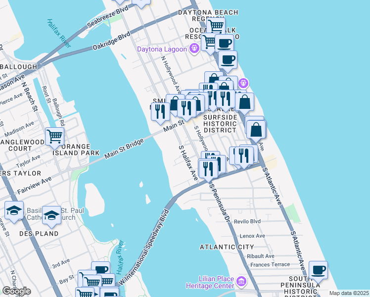 map of restaurants, bars, coffee shops, grocery stores, and more near 110 South Peninsula Drive in Daytona Beach