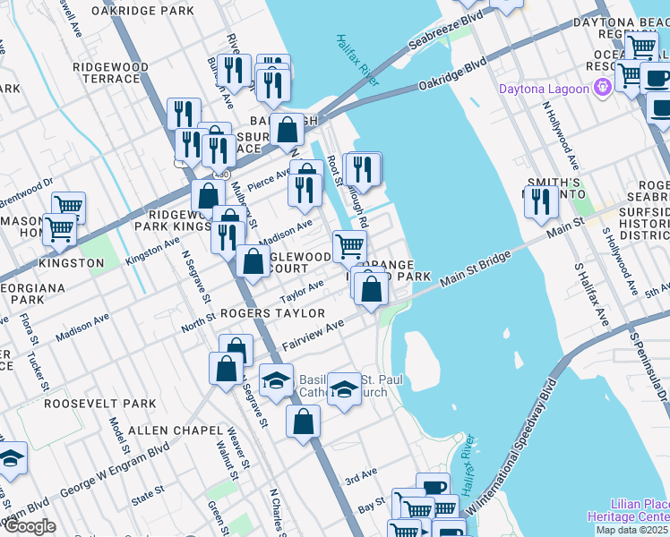 map of restaurants, bars, coffee shops, grocery stores, and more near in Daytona Beach