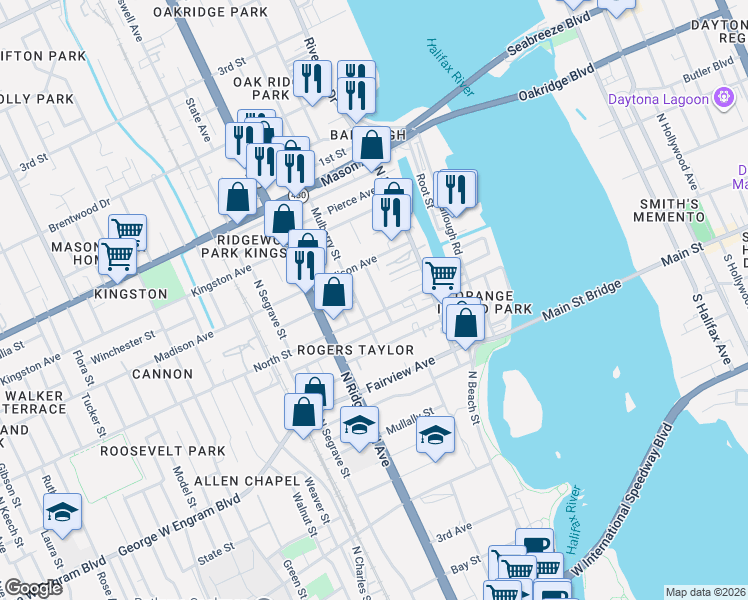 map of restaurants, bars, coffee shops, grocery stores, and more near 615 Mulberry Street in Daytona Beach