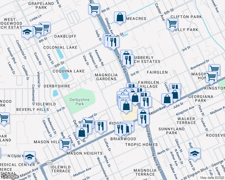 map of restaurants, bars, coffee shops, grocery stores, and more near 955 Vine Street in Daytona Beach
