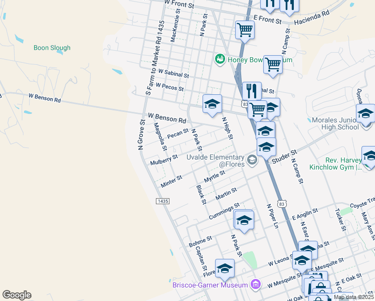 map of restaurants, bars, coffee shops, grocery stores, and more near 338 Mulberry Street in Uvalde