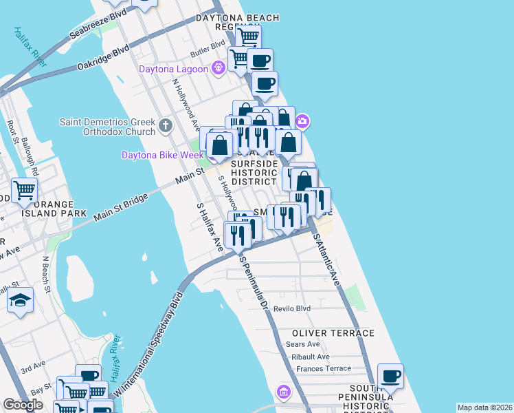 map of restaurants, bars, coffee shops, grocery stores, and more near 136 South Wild Olive Avenue in Daytona Beach