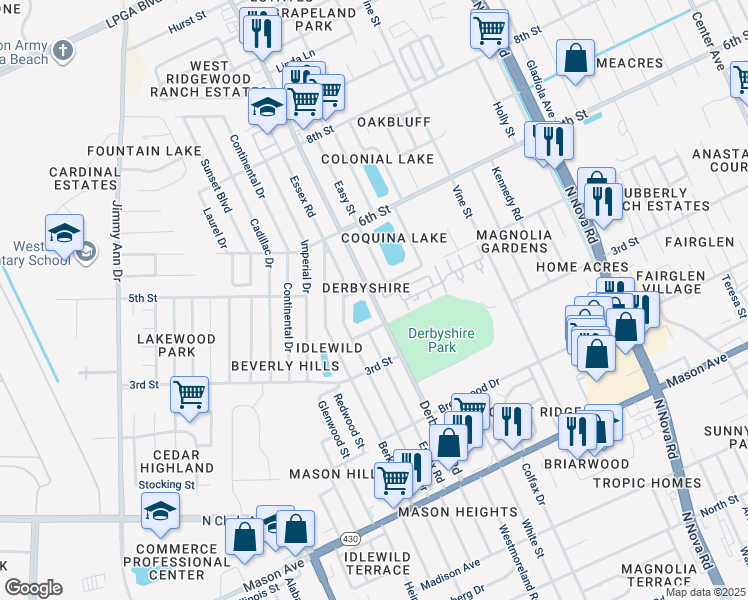 map of restaurants, bars, coffee shops, grocery stores, and more near 875 Derbyshire Road in Daytona Beach