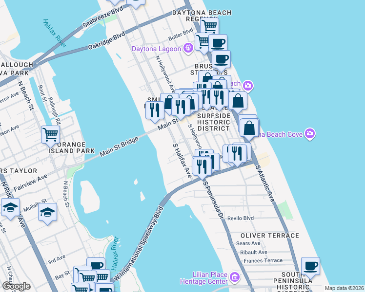 map of restaurants, bars, coffee shops, grocery stores, and more near 102 South Peninsula Drive in Daytona Beach