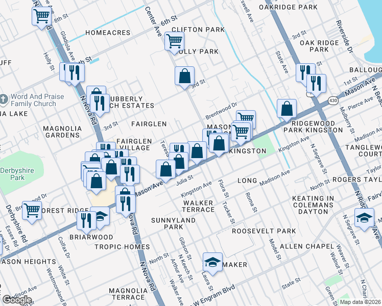 map of restaurants, bars, coffee shops, grocery stores, and more near 112 Edwards Street in Daytona Beach