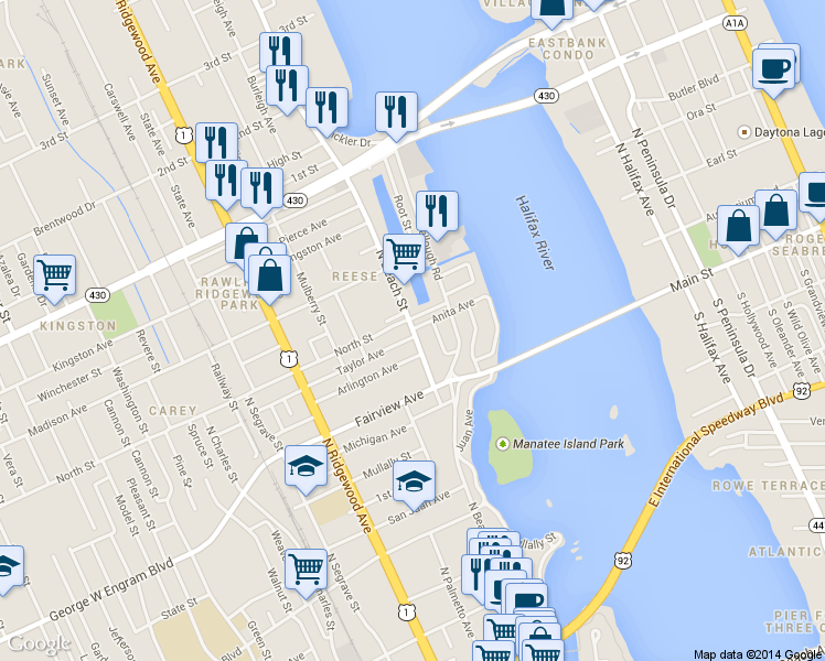 map of restaurants, bars, coffee shops, grocery stores, and more near 598 North Beach Street in Daytona Beach