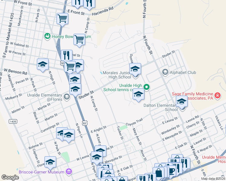 map of restaurants, bars, coffee shops, grocery stores, and more near 317 Studer Circle in Uvalde