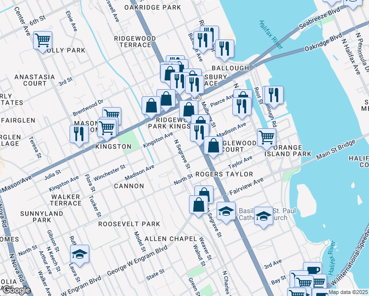 map of restaurants, bars, coffee shops, grocery stores, and more near 402 Madison Avenue in Daytona Beach