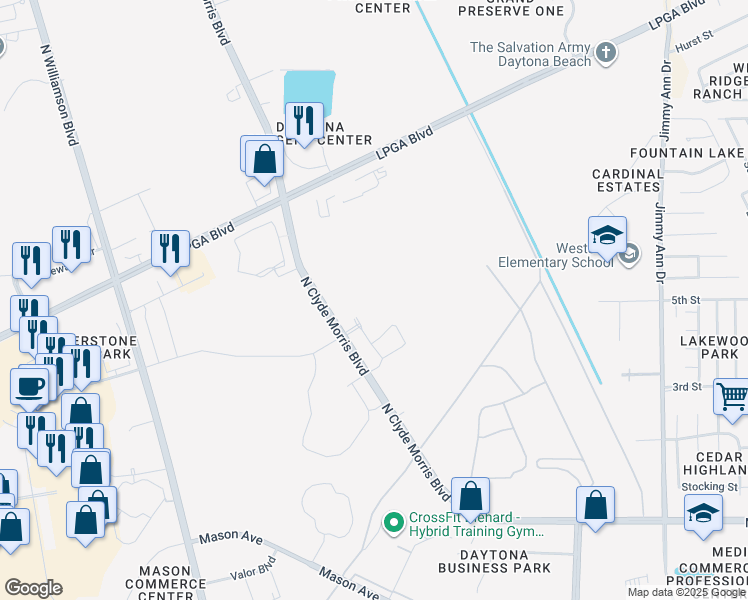 map of restaurants, bars, coffee shops, grocery stores, and more near 1245 North Clyde Morris Boulevard in Daytona Beach