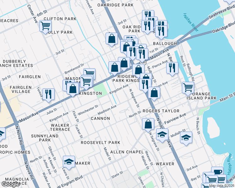 map of restaurants, bars, coffee shops, grocery stores, and more near 715 Flanders Avenue in Daytona Beach