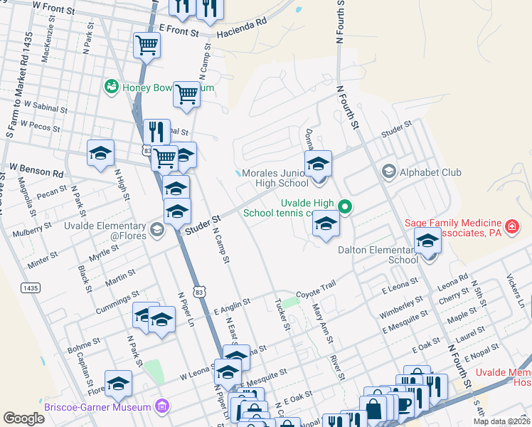 map of restaurants, bars, coffee shops, grocery stores, and more near 317 Studer Circle in Uvalde