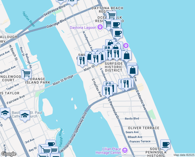 map of restaurants, bars, coffee shops, grocery stores, and more near 102 South Peninsula Drive in Daytona Beach