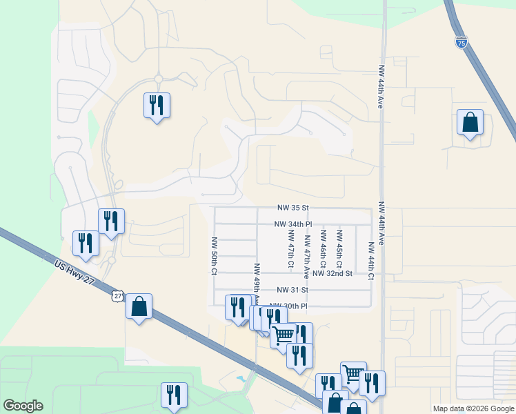 map of restaurants, bars, coffee shops, grocery stores, and more near 5057 Northwest 35 Street in Ocala