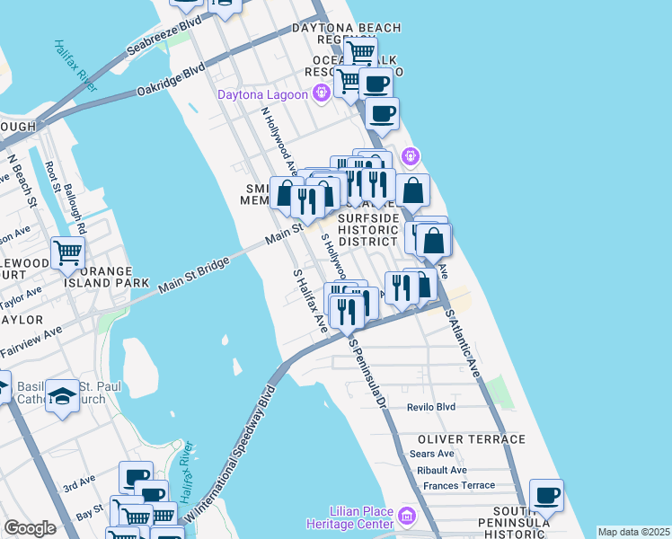 map of restaurants, bars, coffee shops, grocery stores, and more near 125 South Hollywood Avenue in Daytona Beach
