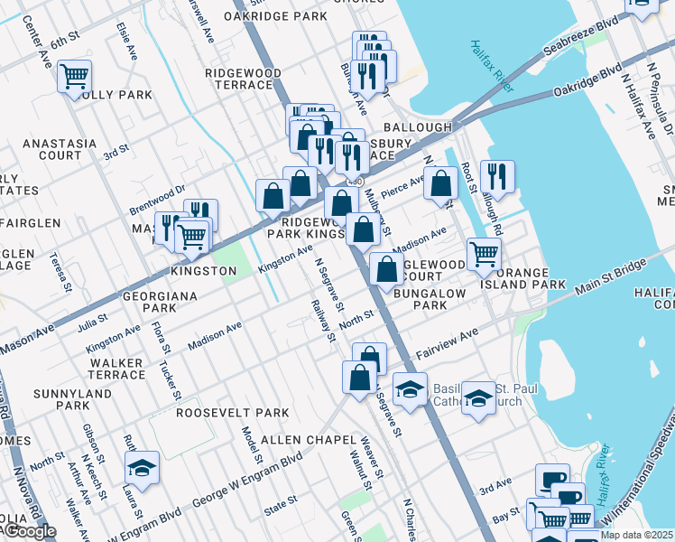 map of restaurants, bars, coffee shops, grocery stores, and more near 402 Madison Avenue in Daytona Beach