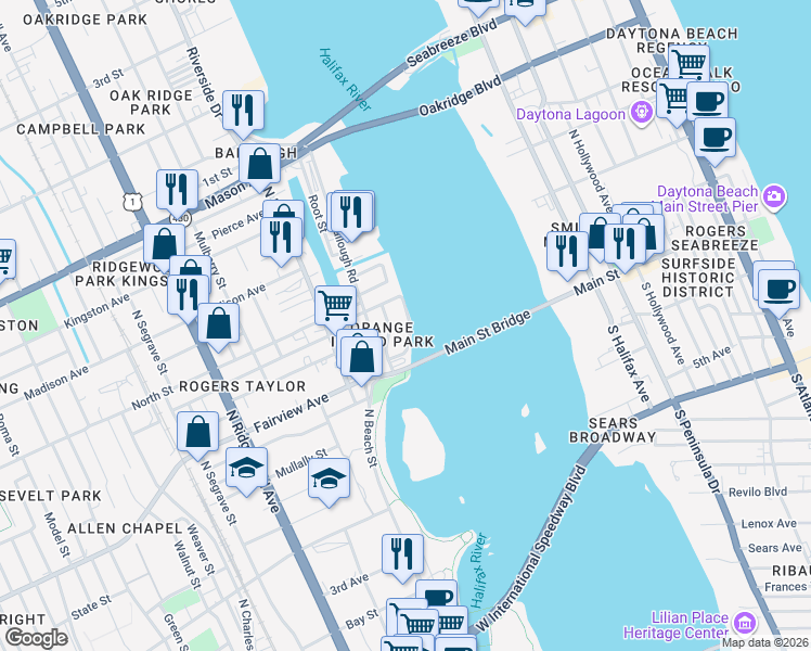 map of restaurants, bars, coffee shops, grocery stores, and more near 528 Rio Vista Avenue in Daytona Beach