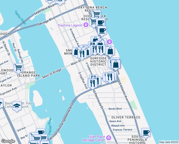 map of restaurants, bars, coffee shops, grocery stores, and more near 125 South Hollywood Avenue in Daytona Beach