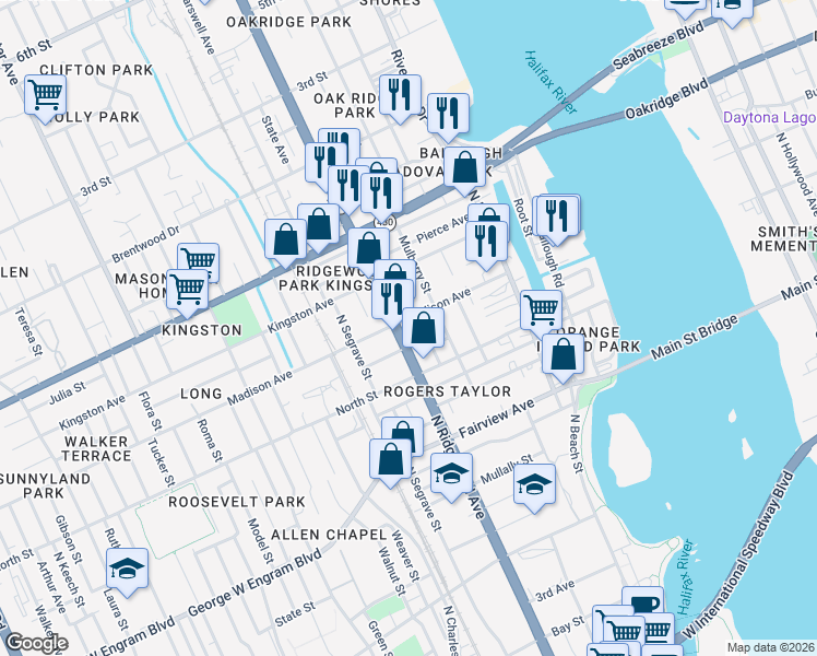 map of restaurants, bars, coffee shops, grocery stores, and more near 214 Weber Avenue in Daytona Beach