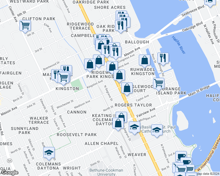 map of restaurants, bars, coffee shops, grocery stores, and more near 402 Madison Avenue in Daytona Beach