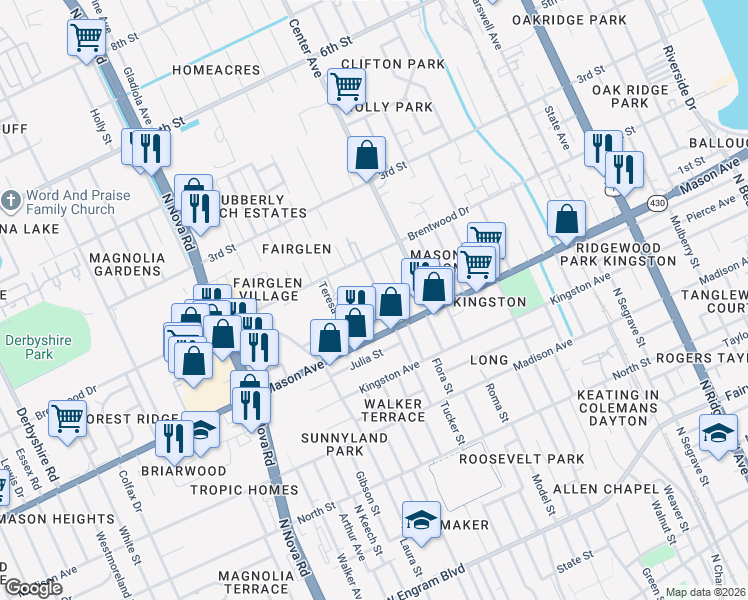 map of restaurants, bars, coffee shops, grocery stores, and more near 112 Edwards Street in Daytona Beach