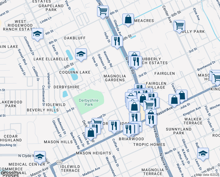 map of restaurants, bars, coffee shops, grocery stores, and more near 1000 Vine Street in Daytona Beach