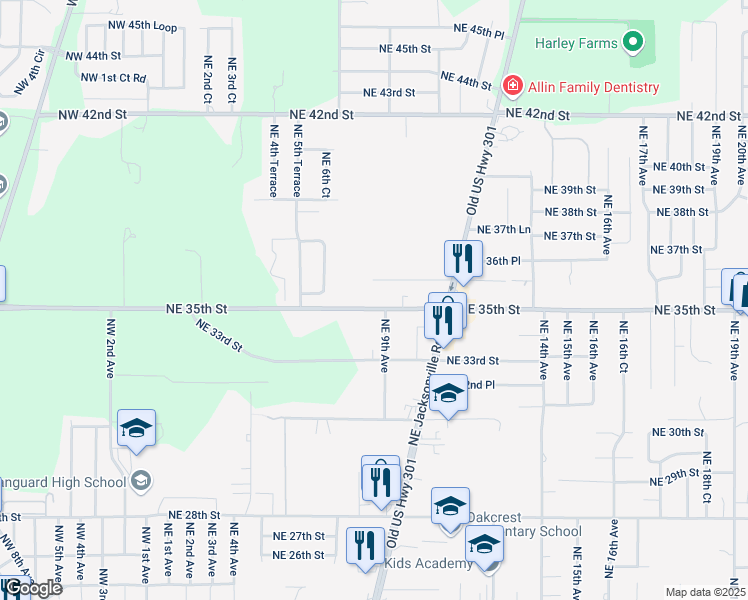 map of restaurants, bars, coffee shops, grocery stores, and more near 3420 Northeast 9th Avenue in Ocala